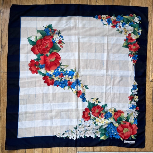 Franco Laurenti Vintage Floral Silk Scarf Blue Red - Picture 3 of 5